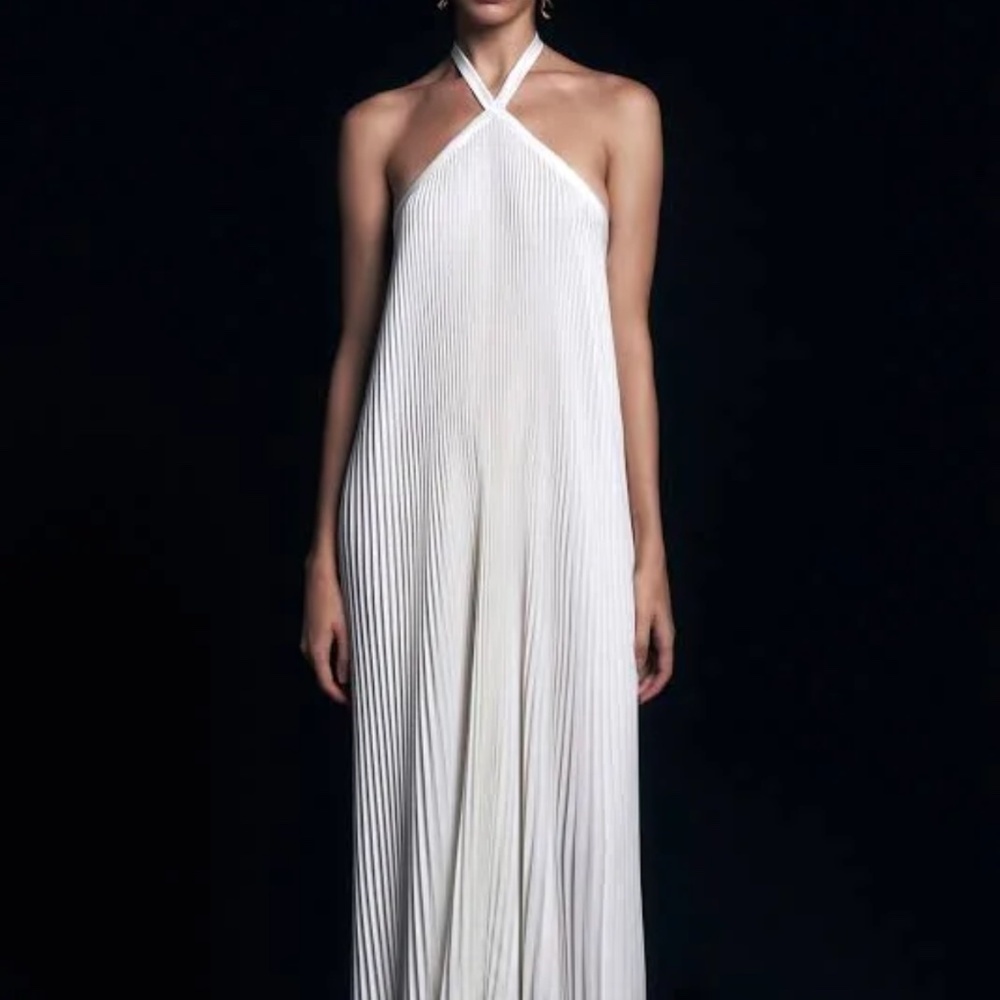 WOMEN L'Idée Asymmetric Pleated Halter Gown Ivory